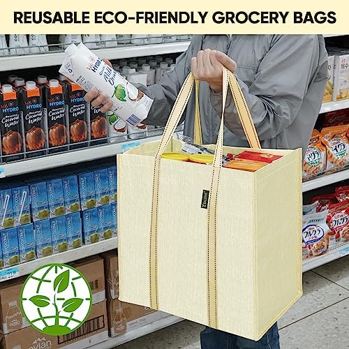 BALEINE 4 PK Grocery Bags Reusable Shopping Bags with Reinforced Bottom, Heavy Duty Foldable Tote Bags (Beige) - Image 6