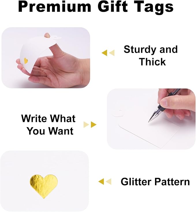 jijAcraft 100Pcs Blank Gift Tags with String, Gift Tags with Foil Gold Heart, 4x2Inch Large Hanging Tag, White Paper Labels for Party Favors, Cupcakes, DIY Crafts