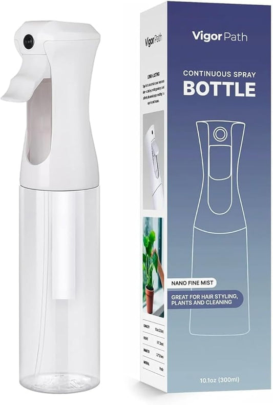 VIGOR PATH Continuous Spray Bottle for Hair – Fine Mist Mister for Styling, Cleaning, Plants, Pets, Salons, and Essential Oil Use (300ml / 10.1 oz, Clear)