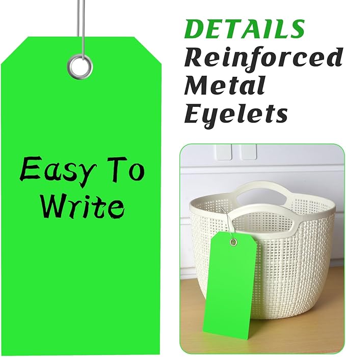 200 PCS 4 3/4" x 2 3/8" Neon Color Shipping Tags with Wire Paper Heavy Duty Hang Tags with Reinforcement Holes Writable Luggage Tag with String Durable Marking Tags (Neon Green, 4 3/4" x 2 3/8")