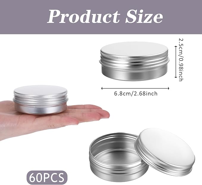 60 Pack 2 OZ Metal Round Tins, Aluminum Tin Cans Containers with Screw Lid for Lotion Bars, Balms, Salve, Spices or Beard Balm