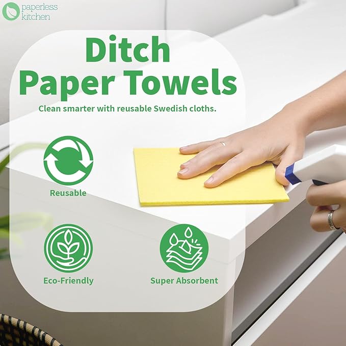 Reusable Swedish Dishcloths for Kitchen – Eco Friendly Paper Towel Alternative – Absorbent, Washable, Compostable Cleaning Cloths – 4 Pack by Paperless Kitchen