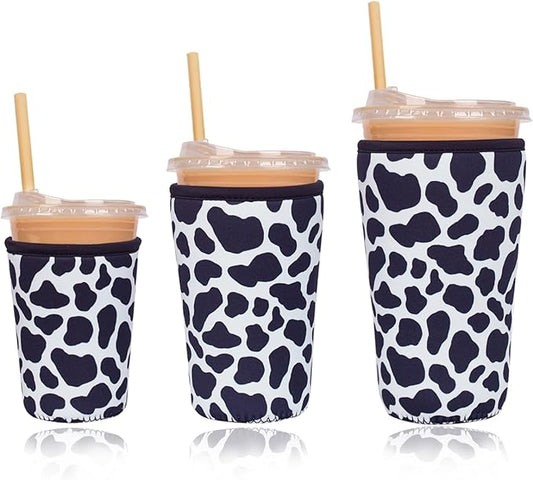 Reusable Insulated Neoprene Iced Coffee Cup Sleeve, Durable Drink Sleeve for Cold Beverages, Beverage Holder for Iced Coffee, Cowprint Chic