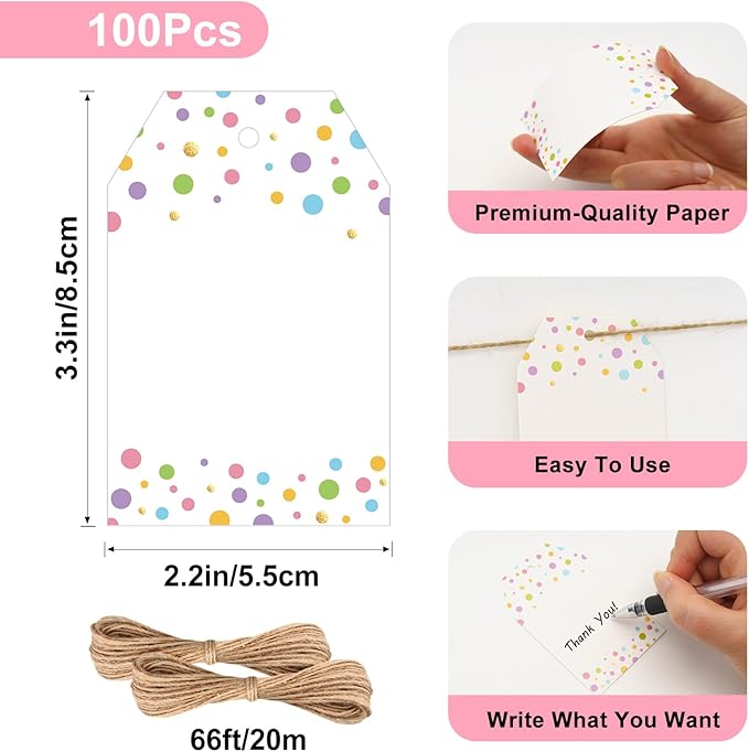 Anwyll Gift Tags with String - 100Pcs Colorful Confetti Polka Dot Gift Bag Tags Personalized White Blank Hanging Paper Label Tag for Birthday Party Bridal Shower Wedding Spring Easter Favors Present