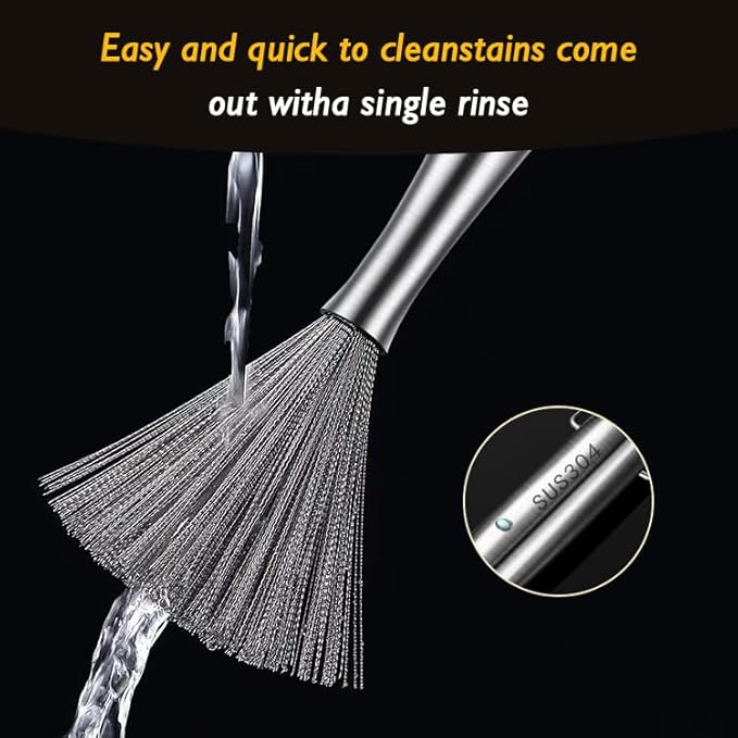 Stainless Steel Dish Brush with Handle, Metal Steel Wool Scrubber for Cast lron, Cookware, Pot, Pan, Grill（1PCS