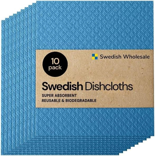 Swedish Wholesale Dishcloths Reusable 8" x 7" Sponge Cloths, Bulk 10 Pack of High Absorbent Cellulose Dish & Kitchen Cleaning Hand Towels, Wring to Dry & Machine Wash, Odor Resistant, Blue by SwedishWholesale