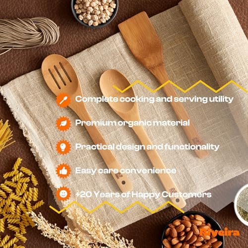 Riveira Dark Bamboo Wooden Spoons for Cooking 3-Piece, Apartment Essentials Wood Spatula Spoon Nonstick Kitchen Utensil Set Premium Quality Housewarming Gifts for Everyday Use - Image 6