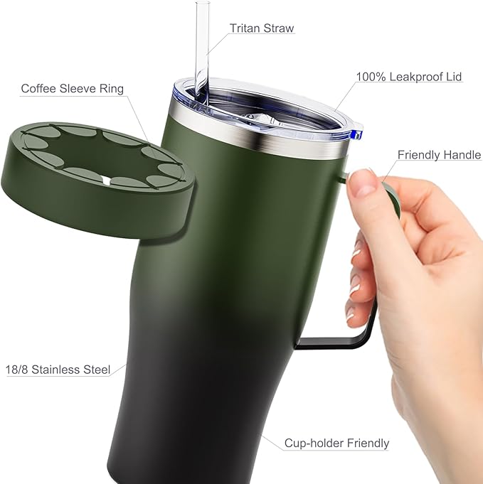 Universal Iced Coffee Sleeve with Handle - Insulated Double Wall Reusable Stainless Steel Holder Insulator for Cold Drinks Fits Small Medium Large To Go Cups Gifts for Men Women Him Her (Black Forest)