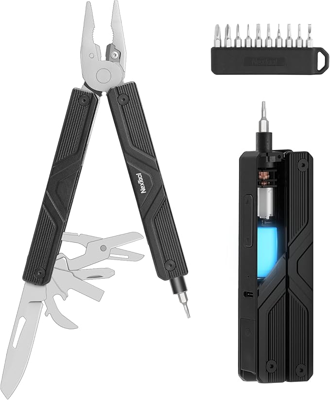 NexTool Gemini, Multi Tool, Multitool Knife with Electric Screwdriver, Needle Nose pliers, Scissors and Bottle Opener, 4mm Bit Set for Small Electronics, RC car, Drones, Glasses Assemble, Unique Gifts