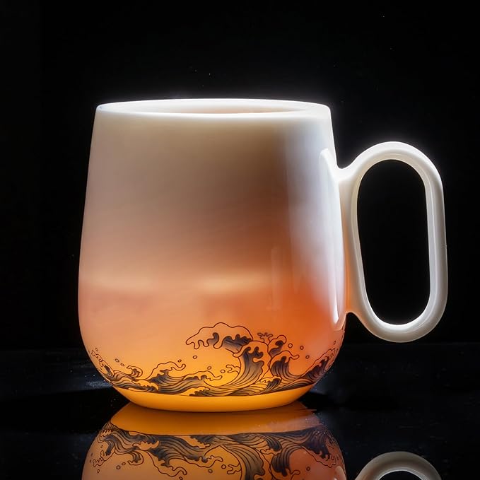14.6oz Jadeite Ceramic Coffee Mug with Wave Design, 1340℃ High-Fire Unique Mug - Lead-Free, Microwave Safe, Gift for Coffee/Tea Lovers (Symbol of Freedom & Courage)