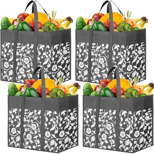 Reusable Grocery Bags Foldable Tote Bags Bulk Shopping Bags 4-Pack, Grey by WOWBOX