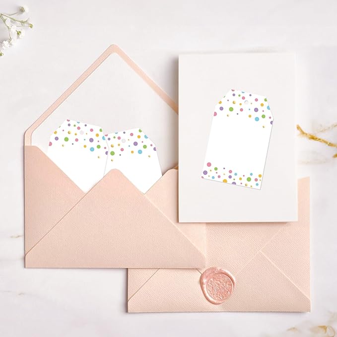 Anwyll Gift Tags with String - 100Pcs Colorful Confetti Polka Dot Gift Bag Tags Personalized White Blank Hanging Paper Label Tag for Birthday Party Bridal Shower Wedding Spring Easter Favors Present