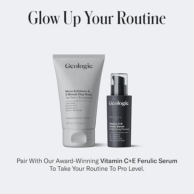 Geologie Micro Exfoliator & Clay Mask | 3-in-1 Deep Cleansing Face Wash, Pore Refining Mask & Skin Exfoliant | Tea Tree & Eucalyptus Scent For Men & Women | 4 fl oz