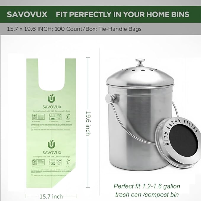 1.6 Gallon Compostable Bags with Handles, Small Kitchen Food Scrap Bags for Countertop Compost Bin, 6L, 100 Count, BPI & OK Compost Certified