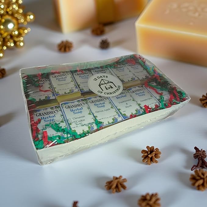 Grandma’s 12 Days of Christmas Soap Sampler – Limited Holiday Collection (12 Handmade Herbal Bars, 1.5 oz Each)
