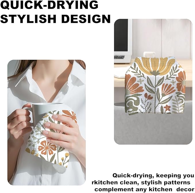 Jztco 2 Pcs Boho Floral Kitchen Towels 24x14 Inch, Boho Style Vintage Flower Waffle Hand Towels for Kitchen Home Decor, Absorbent Microfiber Dish Cloth Tea Towel, Home Gifts for Women Mom Grandma