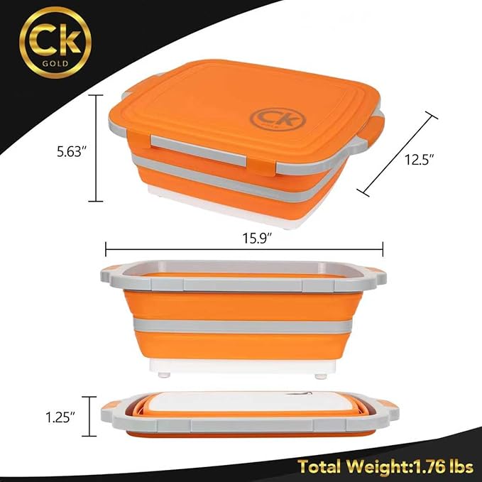 New LARGE Collapsible BBQ Prep Tub/LOCKING Lid, Cutting Board & Drain Hole | BPA-Free, Food-Grade, Recyclable, Space-Saving Buckets for Grilling, Camping, Kitchen & Outdoor Cooking (Orange, 8 Liters)