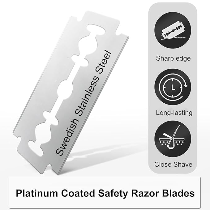 Double Edge Safety Razor with 10 Blades and Stand, Single Blade Razors for Men and Women, Long and Heavy Duty Stainless Steel Handle, Smooth Close Gentle Shave, Black