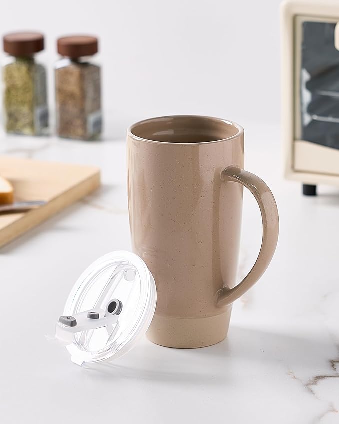 famiware Milkyway Coffee Mug, 20oz Large Coffee Mug, Ceramic Mug with Lid, Tea Cup with Handle for Latte, Tea, Cocoa, Milk, Home & Office, Cinnamon Brown
