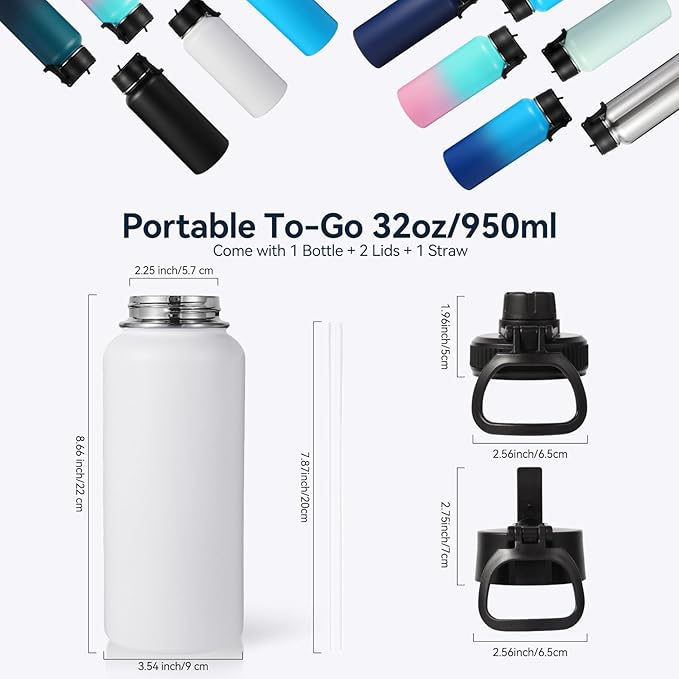 Neihepal 32 oz Insulated Water Bottles Bulk with 2 Lids (Straw & Spout Lid), Stainless Steel Double Wall Water Bottle, Keeps Cold 24H & Hot 12H (White,4 Pack)