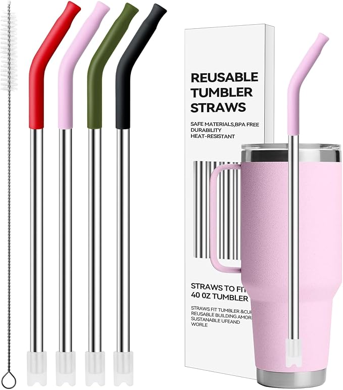 Stainless Steel Straws for 42 oz YETI Tumbler, 4 Pcs Metal Straws Reusable with Silicone Tip for 42 oz YETI, 30oz Stanley Cup(Color 3)