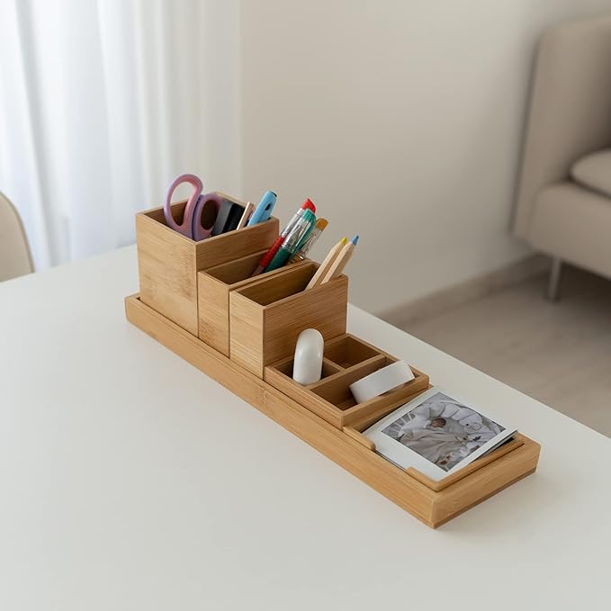 Bamboo Vanity Tray, 6-Piece Bathroom Countertop Vanity Tray Set, Makeup Kitchen Desk Organizer and Storage - Holds Small Items