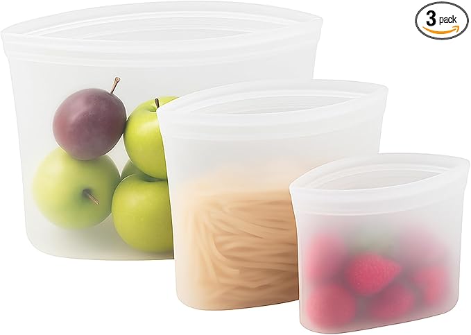 Reusable Silicone Food Storage Containers, Clear Rectangular Zip-Top Freezer Bags, Set of 3 Sizes (18oz/500ml, 32oz/1000ml, 53oz/1500ml), Leak-Proof, Heat-Resistant