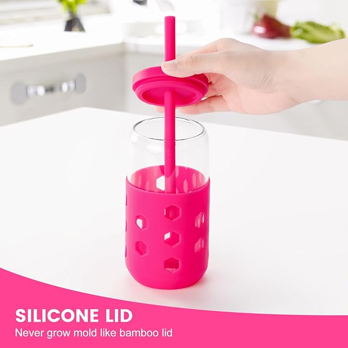 Glass Cups with Lids and Straws (4 Pcs), 16oz Drinking Glasses Set with Silicone Sleeves for Coffee Bar Accessories Iced Coffee Cups with Lids, Glass Tumbler Reusable for Gifts