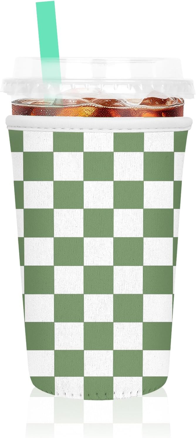 Iced Coffee Sleeve, Reusable Insulated Neoprene Cup Sleeve for Cold & Hot Drinks Beverages, Cup Holder for 22-24oz Coffee Cups, Green Plaid