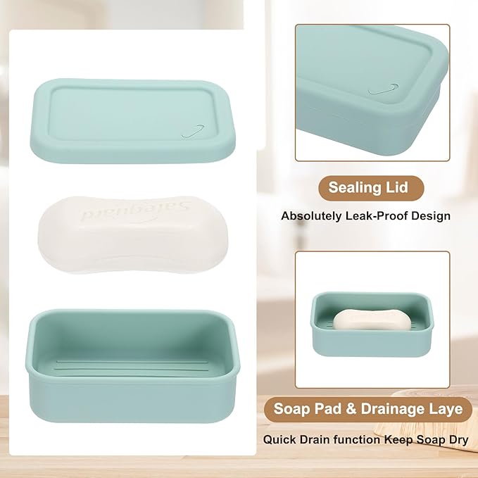 PATIKIL Leakproof Travel Soap Case, Silicone Travel Soap Container with Draining Layer Portable Bar Soap Holder for Bathroom Camping Gym, Green