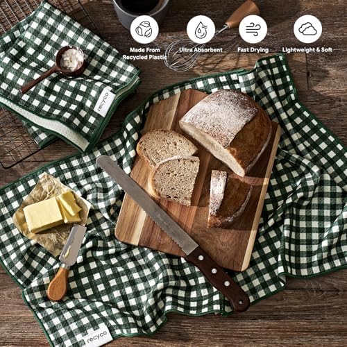 RECYCO Waffle Kitchen Towel Set of 2 - Quick Dry Microfiber Sustainable Dish Towels - Ultra Absorbent Reusable Cleaning Tea Towels - Lightweight Hand Towels,16”x 28”, Pine Green Plaid - Image 2