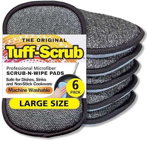 Original Scrub-N-Wipe Pad by Tuff-Scrub, 6-Pack, Microfiber, Multi-Surface, Non-Scratch, Dual-Sided, Scrubber for Dishes, Sinks, Non-Stick Cookware – Machine Washable, Durable Kitchen Sponge (Large) by Tuff-Scrub