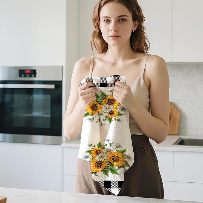 Jztco 4Pcs Sunflower Kitchen Towels 24x14 Inch, Spring Summer Floral Checkered Hand Towels for Kitchen Farmhouse Decor, Absorbent Dish Cloth Tea Towel, Sunflower Gifts for Women Mom, Bless Our Home