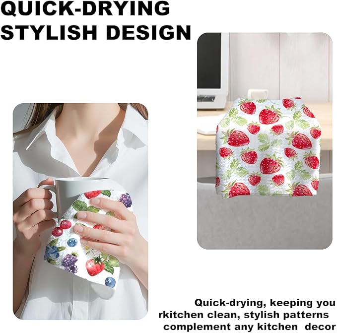 Jztco 2Pcs Strawberry Kitchen Towels 24x14 Inch, Summer Fruits Seamless Pattern Hand Towels for Kitchen Home Decor, Absorbent Microfiber Dish Cloth Tea Towel, Strawberry Gifts for Women Mom Grandma