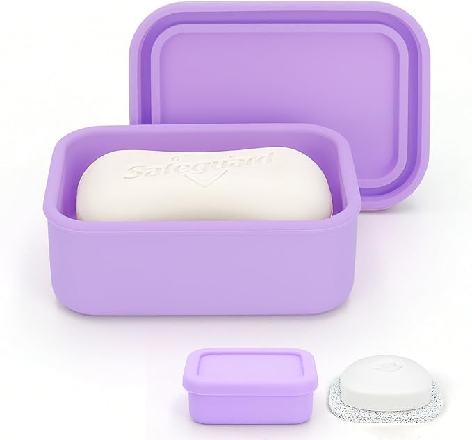 Silicone Bar Soap Travel Case,Completely Leak Proof Bar Soap Holder,Compact Soap Bar Container,Portable Soap Box for Traveling,Camping,Gym,Outdoor (Light Purple)