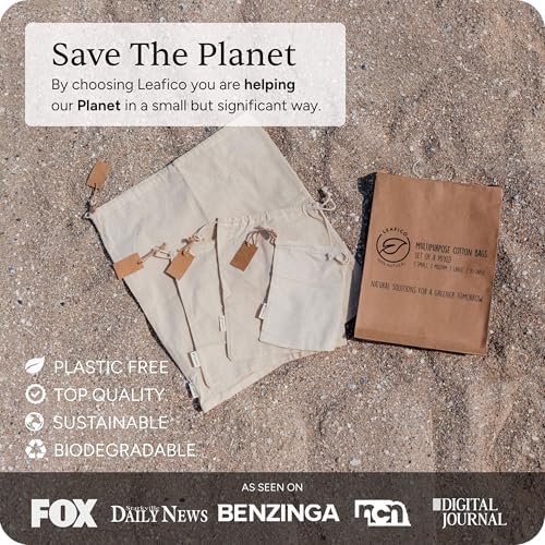LEAFICO Organic Cotton Reusable Produce Bags - Small 5x7 (12 Pack) - Biodegradable Eco-Friendly Bulk Bin Sacks for Food - Cloth Bags with Drawstrings - Linen Pouch for Fruit, Vegetable Storage - Image 6