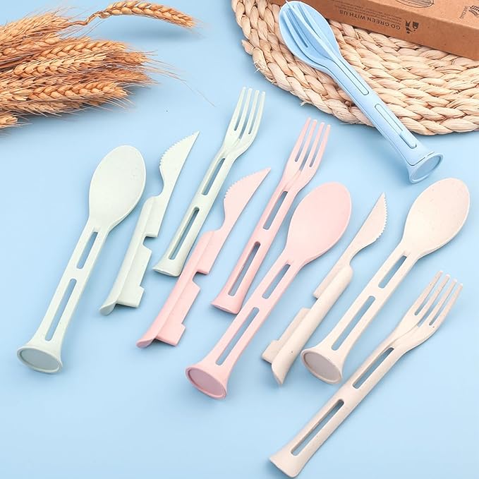 3PCS Wheat Straw Cutlery, Reusable Utensils Set Portable Travel 3 in 1 Spoon Fork Knife Tableware, Eco-Friendly, BPA Free, Flatware for Kids Adults, Travel Picnic Camping (Green)