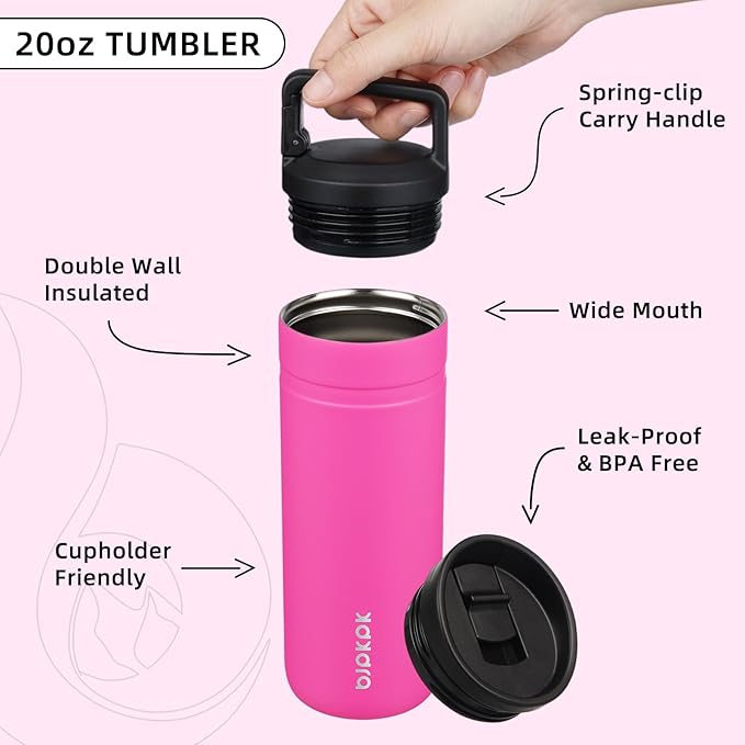 BJPKPK Insulated Water Bottle with 2 Lids,20 oz Double Wall Stainless Steel Vacuum Tumbler Travel Coffee Mug,Wide Mouth Thermal Cup,Barbie Pink