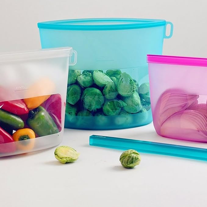 Reusable Silicone Food Storage Bags 4-Pack with 1 Sandwich, 1 Lunch, 1 Half-Gallon and 1 Gallon, Multi-Use & Sous Vide Stand-Up Container for Soup and Leftovers, Microwave, Dishwasher and Freezer Safe