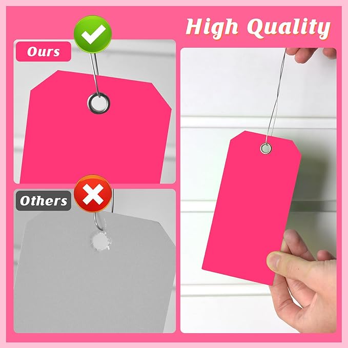 200 PCS 4 3/4" x 2 3/8" Neon Color Shipping Tags with Wire Paper Heavy Duty Hang Tags with Reinforcement Holes Writable Luggage Tag with String Durable Marking Tags (Neon Pink, 4 3/4" x 2 3/8")