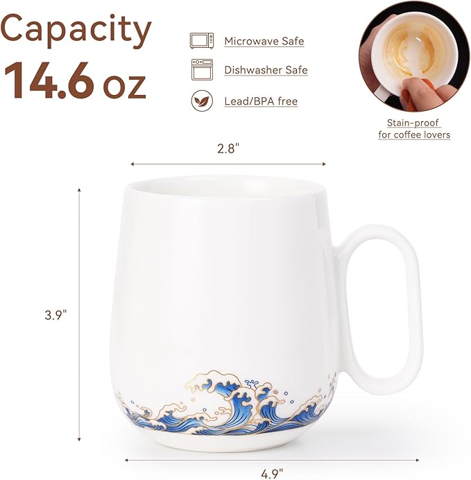 14.6oz Jadeite Ceramic Coffee Mug with Wave Design, 1340℃ High-Fire Unique Mug - Lead-Free, Microwave Safe, Gift for Coffee/Tea Lovers (Symbol of Freedom & Courage)