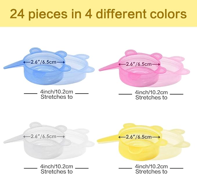 24 Pieces Silicone Stretch Lids Reusable Expandable Silicone Can Lids Round Elastic Container Lids Food Storage Covers for Cups, Mugs, Soda, Small Bowl Fruits, Canning (2.6'' Diameter)