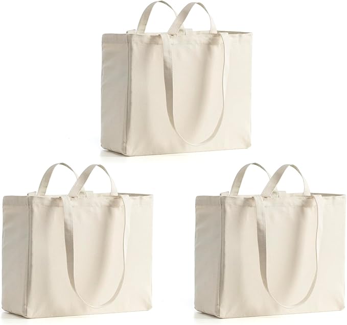 LINICE Canvas Tote Bag Reusable Grocery Bags with Long Shoulder Strap and Short Handle Foldable Heavy Duty Washable (3 Pack)