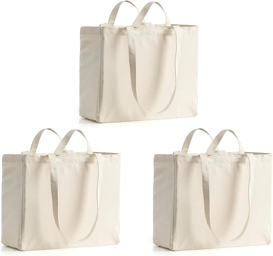 LINICE Canvas Tote Bag Reusable Grocery Bags with Long Shoulder Strap and Short Handle Foldable Heavy Duty Washable (3 Pack)