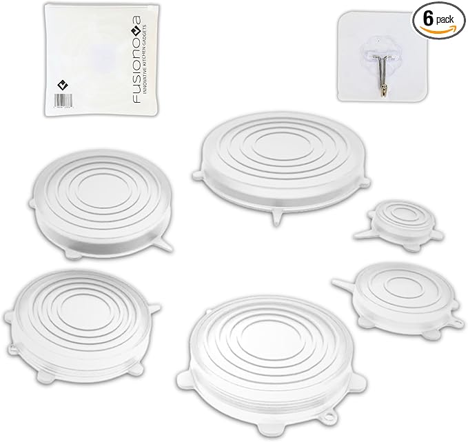 FUSIONOVA 6pcs Reusable Silicone Stretch Lids for Food Storage - Reusable Lids for Bowls - Silicone Lids for Food Storage - Reusable Stretch Wrap - Silicone Bowl Cover