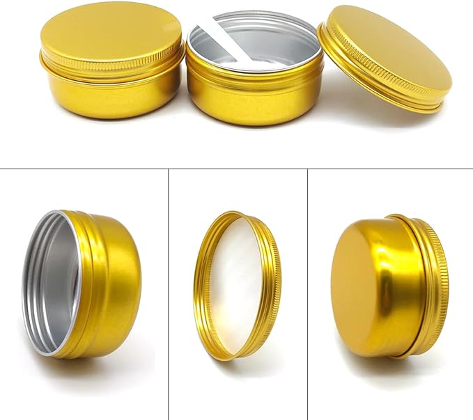 80ml Aluminum Tin Jar, Refillable Makeup Container 80g Gold Screw up Lid Small Round Container Bottle for Cosmetics, Lip Balm, Cream, Toner, Eyeshadow, Candle, Tea, Beads, Nails, 10 Pack Tins