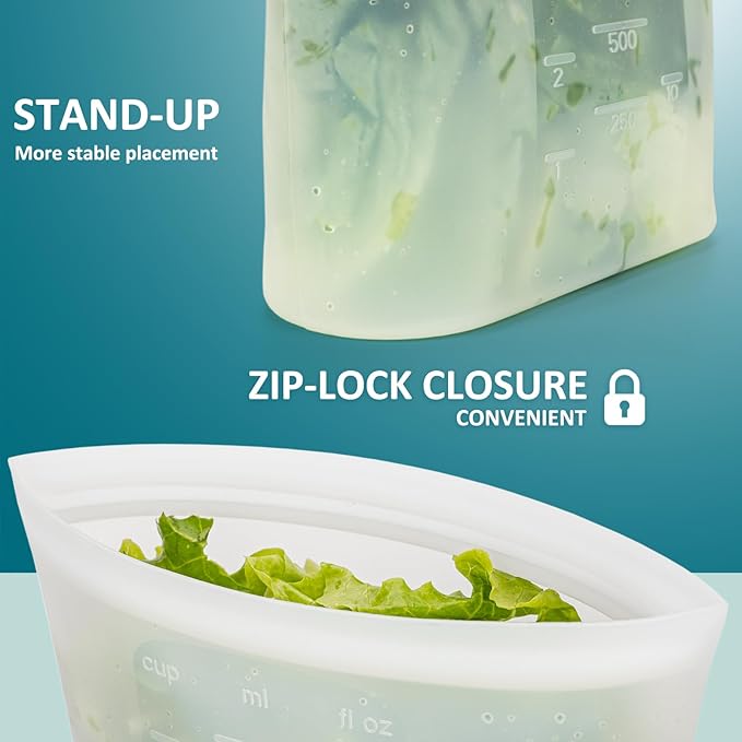 8-Pack Reusable Silicone Food Storage Bags, 100% Silicone Stand-Up Wide-Open Zip-Lock Reusable Storage Bags for Food, Freezer Microwave Oven Dishwasher Safe, Translucent, 4M 4S