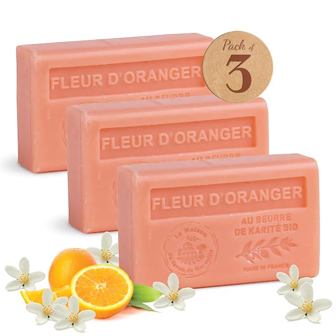Hand & Body Soap Bars Trio - Orange Blossom Moisturizing French Soap with Organic Shea Butter - Rich Creamy Lather - 97% Natural Ingredients - Solid Bath Cleanser Made in Provence - 3x4.4 oz