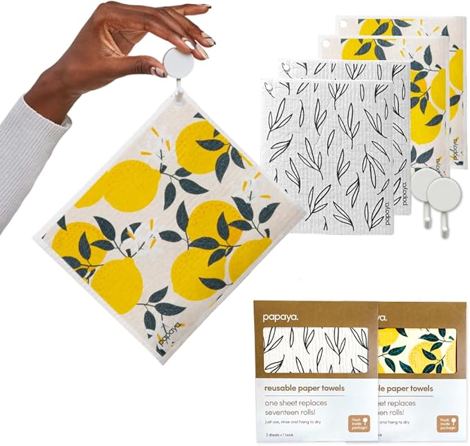 Papaya Reusable Paper Towels, Premium Swedish Dishcloths, Washable Reusable Dish Cloths, 1 Sheet Replaces 17 Rolls, Eco Friendly Stocking Stuffer - 4 Sheets, 2 Hooks