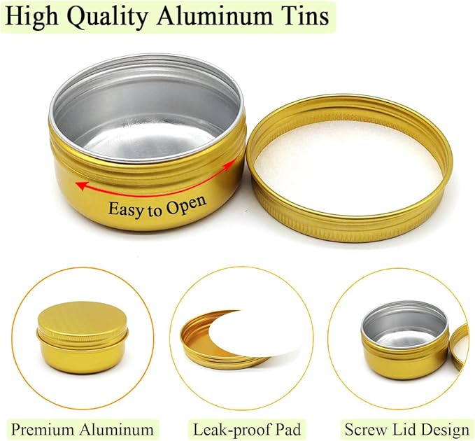 80ml Aluminum Tin Jar, Refillable Makeup Container 80g Gold Screw up Lid Small Round Container Bottle for Cosmetics, Lip Balm, Cream, Toner, Eyeshadow, Candle, Tea, Beads, Nails, 10 Pack Tins
